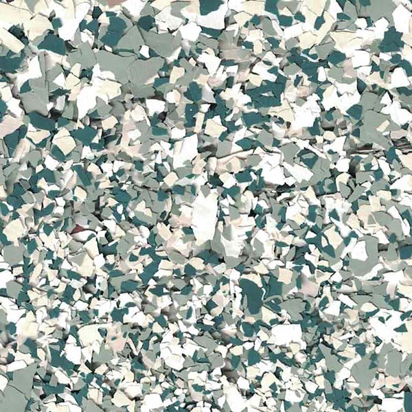 This image shows an abstract pattern of variously shaped teal, white, and grey fragments clustered together, resembling crushed and broken pieces of material.