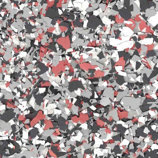 The image features a dense cluster of abstract, angular shapes in red, white, and various shades of gray, creating a chaotic and fragmented appearance.