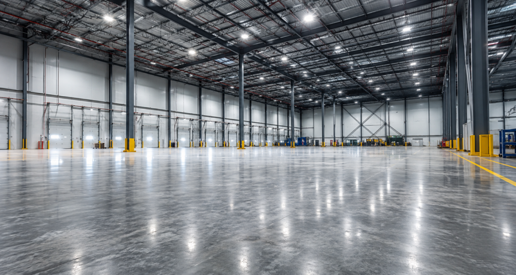 Warehouse concrete floor with durable polyurea coating