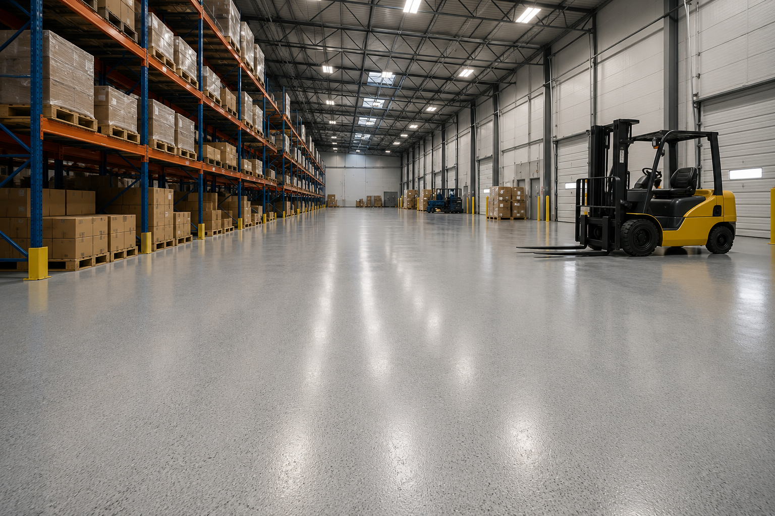 Commercial warehouse with glossy concrete floor coating for heavy traffic