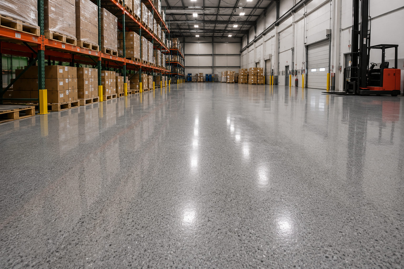 Warehouse flooring with durable concrete coating for forklifts and heavy traffic