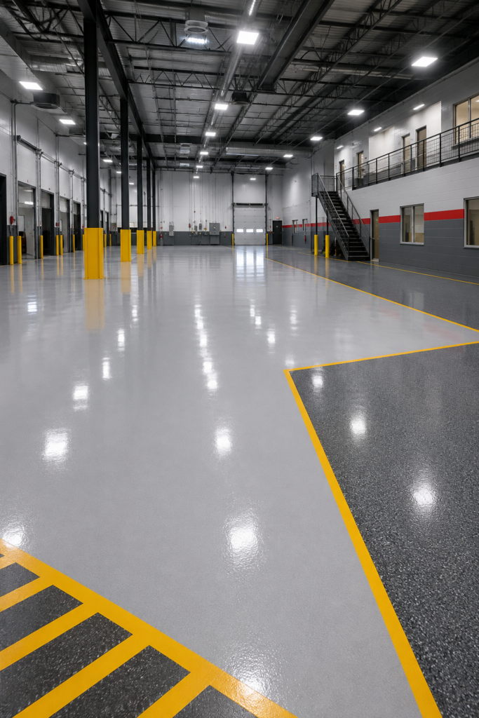 Warehouse concrete floor with durable polyurea and polyaspartic coating
