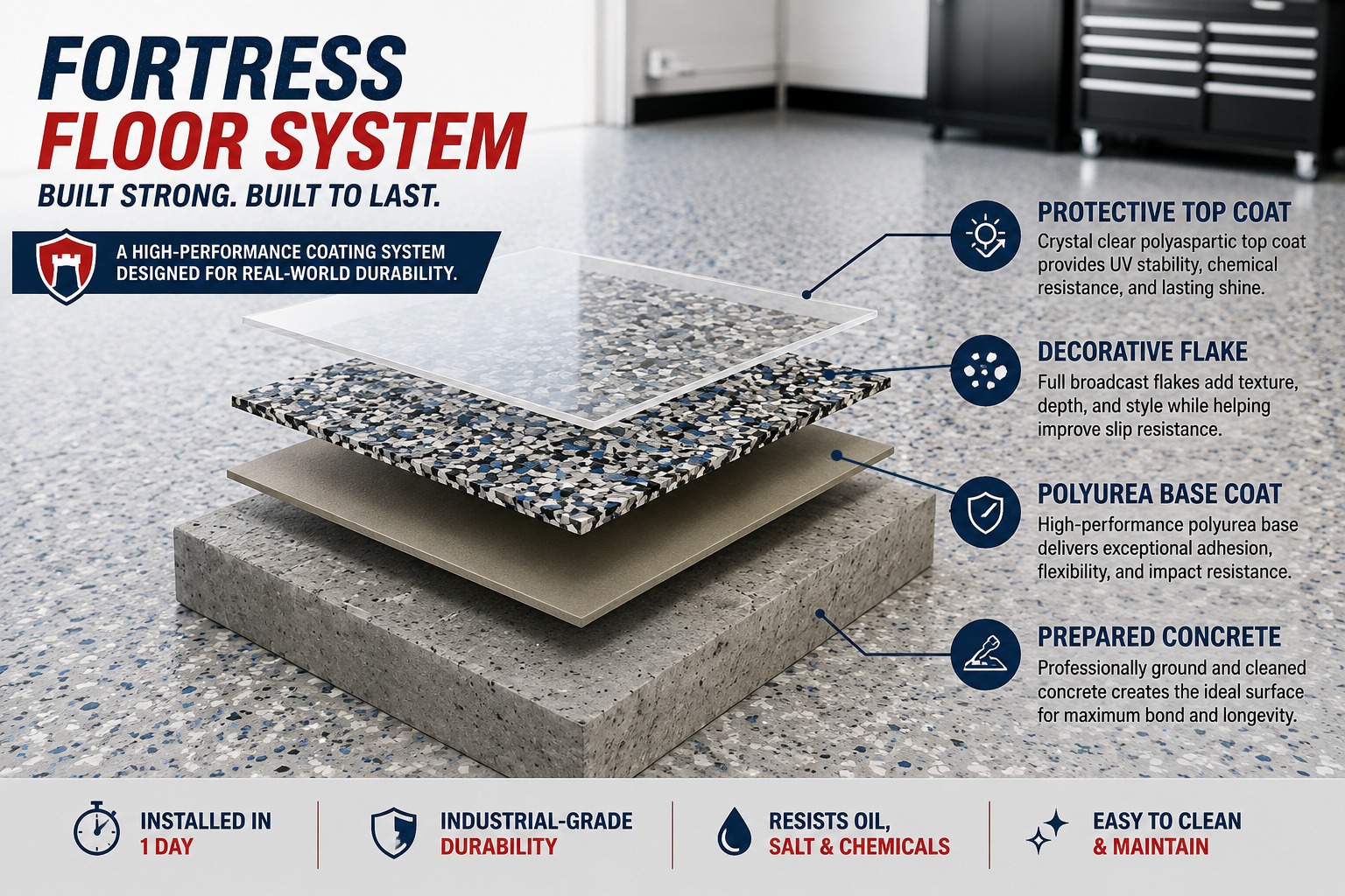 Fortress floor coating system showing prepared concrete, polyurea base coat, decorative flakes, and protective polyaspartic top coat for durable garage flooring.